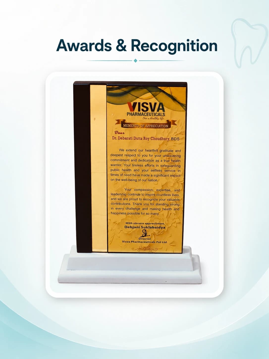 Doctors' Day felicitation memento Dr. Devarati Ray